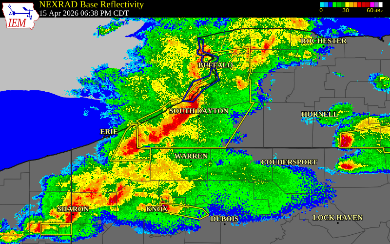 NEXRAD radar during the Wednesday, April 15, 2026 storm activity in Chautauqua County, New York