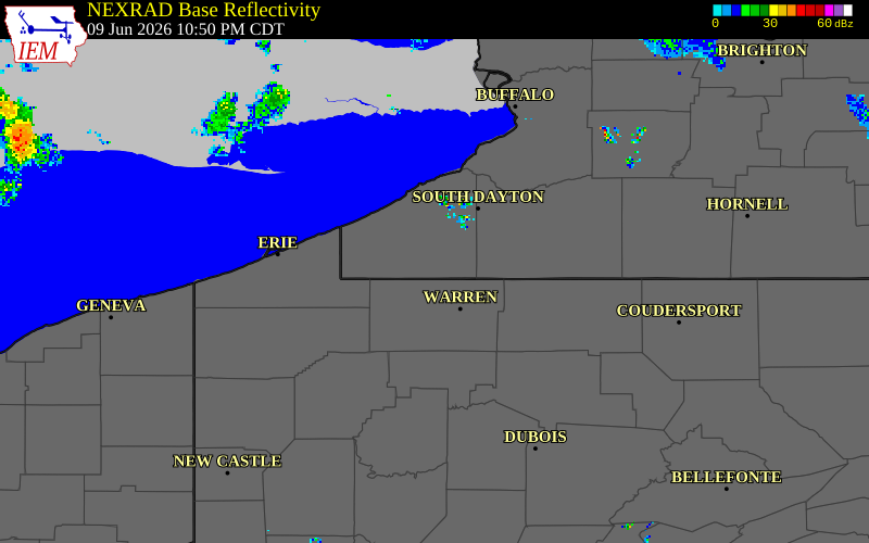 NEXRAD radar during the Tuesday, June 9, 2026 storm activity in Chautauqua County, New York