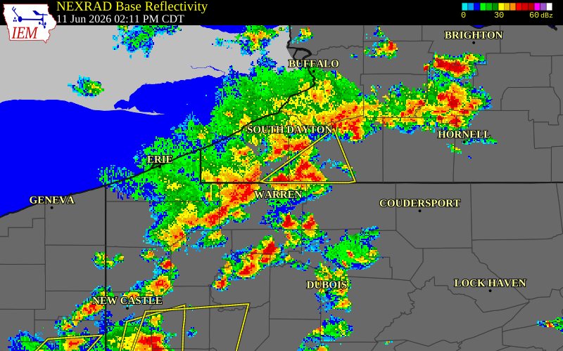 NEXRAD radar during the Thursday, June 11, 2026 storm activity in Chautauqua County, New York