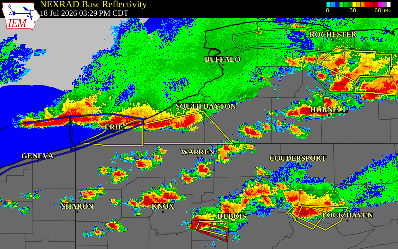 NEXRAD radar during the Saturday, July 18, 2026 storm activity in Chautauqua County, New York