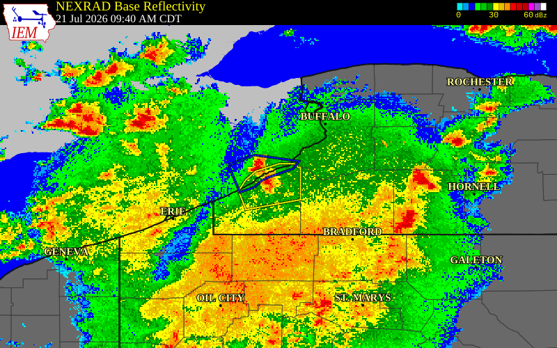 NEXRAD radar during the Tuesday, July 21, 2026 storm activity in Chautauqua County, New York