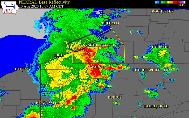 NEXRAD radar during the Monday, August 10, 2026 storm activity in Chautauqua County, New York