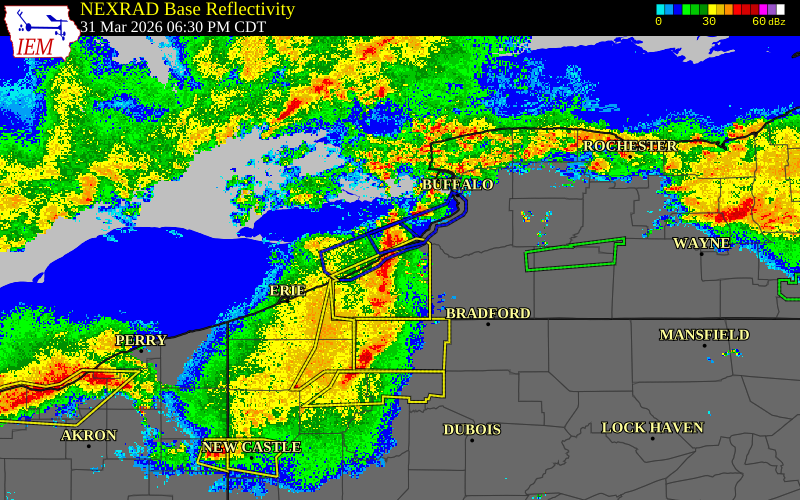 Radar snapshot during the Mar 31, 2026 wind event near 3 ENE Dunkirk, Chautauqua County, New York, with NWS warning polygons