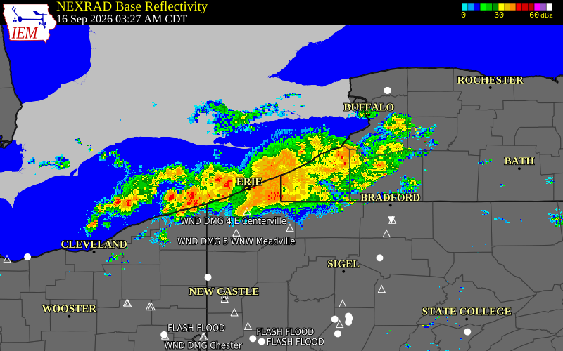 Current NEXRAD radar over Chautauqua County, New York with recent storm report locations