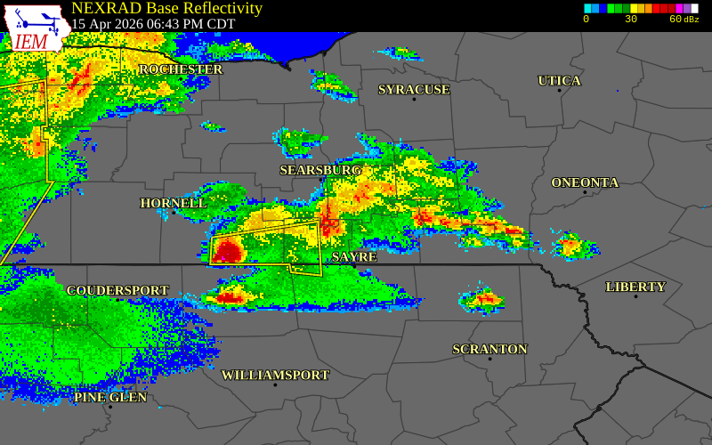 NEXRAD radar during the Wednesday, April 15, 2026 storm activity in Chemung County, New York