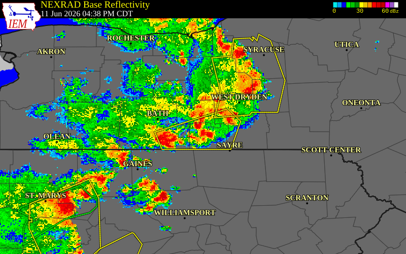 NEXRAD radar during the Thursday, June 11, 2026 storm activity in Chemung County, New York