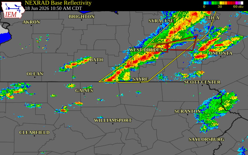 NEXRAD radar during the Thursday, June 18, 2026 storm activity in Chemung County, New York
