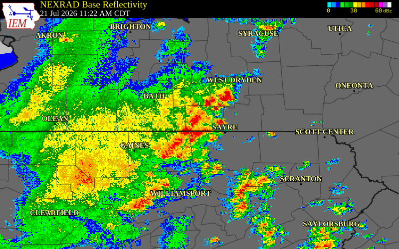 NEXRAD radar during the Tuesday, July 21, 2026 storm activity in Chemung County, New York