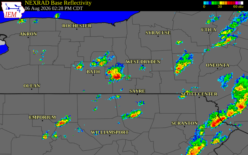 NEXRAD radar during the Thursday, August 6, 2026 storm activity in Chemung County, New York