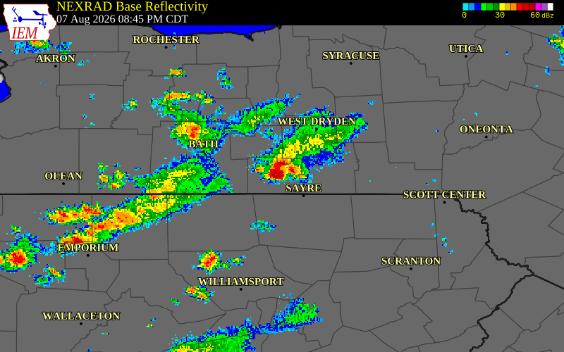 NEXRAD radar during the Friday, August 7, 2026 storm activity in Chemung County, New York