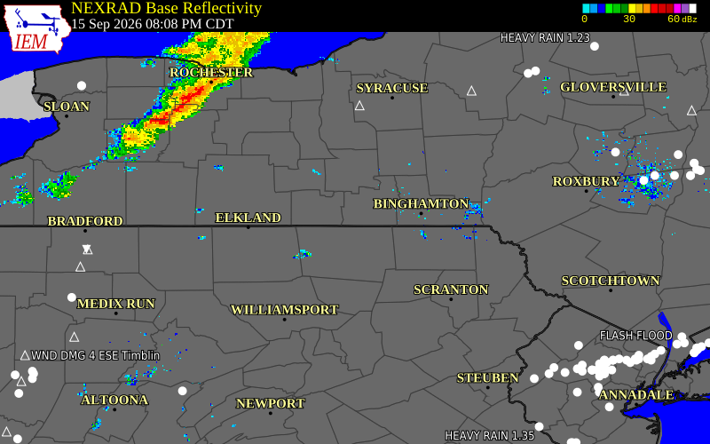 Current NEXRAD radar over Chemung County, New York with recent storm report locations