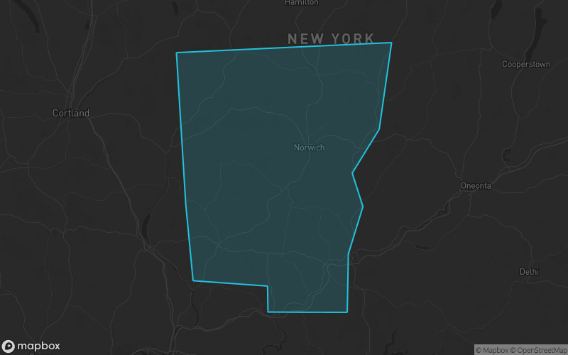 Map of Chenango County, New York showing the county boundary and surrounding cities