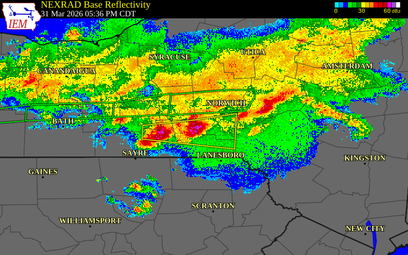 NEXRAD radar during the Tuesday, March 31, 2026 storm activity in Chenango County, New York