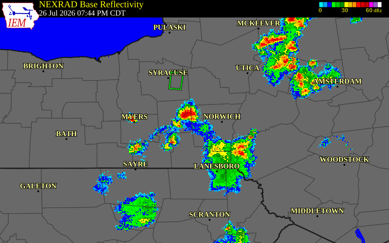 NEXRAD radar during the Sunday, July 26, 2026 storm activity in Chenango County, New York