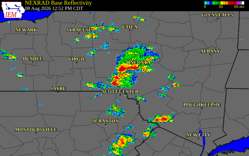 NEXRAD radar during the Saturday, August 8, 2026 storm activity in Chenango County, New York