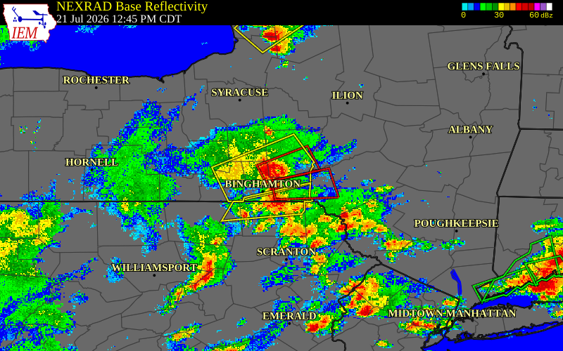 Radar snapshot during the Jul 21, 2026 tornado event near 5 SSE Greene, Chenango County, New York, with NWS warning polygons