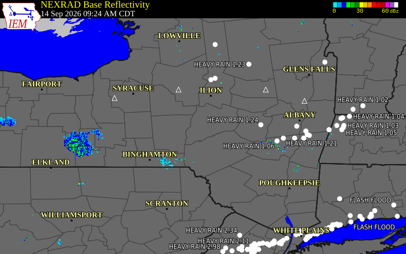 Current NEXRAD radar over Chenango County, New York with recent storm report locations