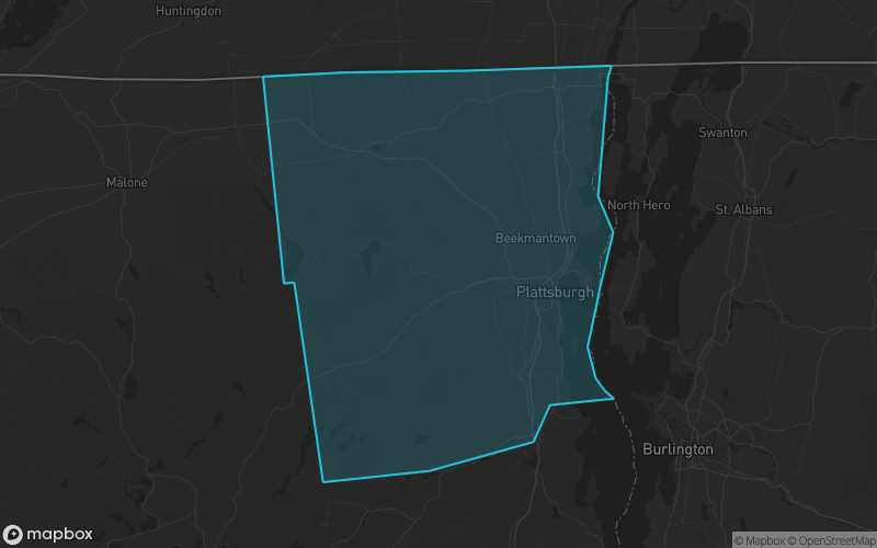 Map of Clinton County, New York showing the county boundary and surrounding cities