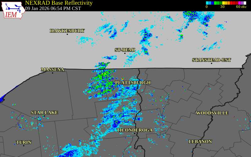 NEXRAD radar during the Friday, January 9, 2026 storm activity in Clinton County, New York