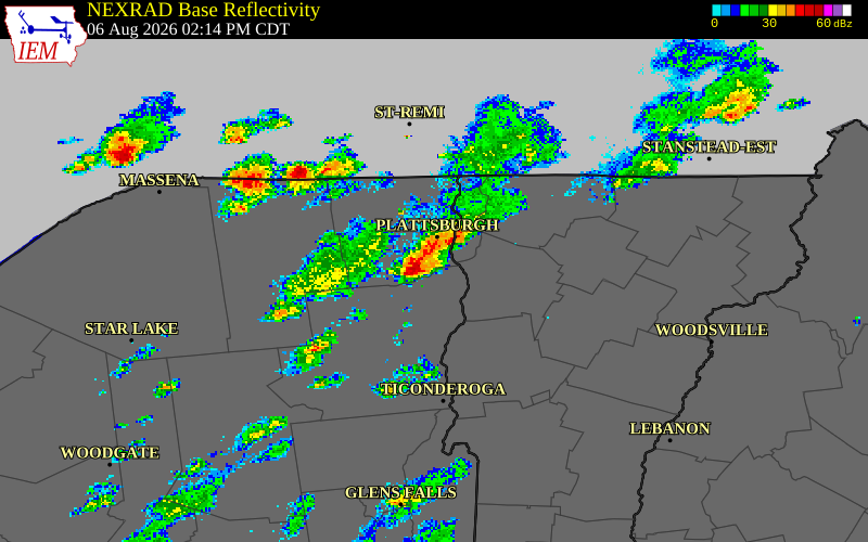 NEXRAD radar during the Thursday, August 6, 2026 storm activity in Clinton County, New York