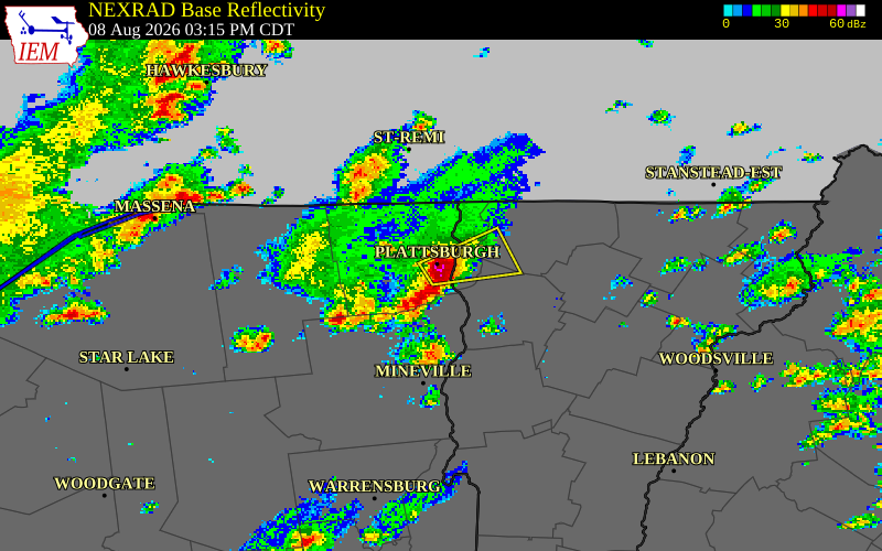 NEXRAD radar during the Saturday, August 8, 2026 storm activity in Clinton County, New York