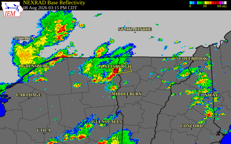 Radar snapshot during the Aug 8, 2026 hail event near 3 N Valcour, Clinton County, New York, with NWS warning polygons