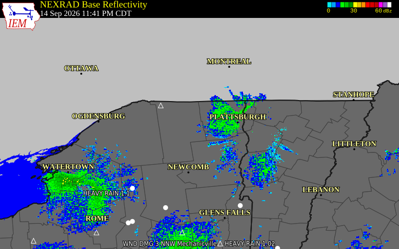 Current NEXRAD radar over Clinton County, New York with recent storm report locations