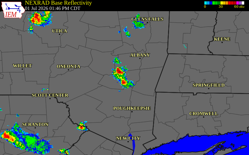 NEXRAD radar during the Wednesday, July 1, 2026 storm activity in Columbia County, New York