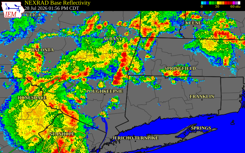 NEXRAD radar during the Tuesday, July 28, 2026 storm activity in Columbia County, New York