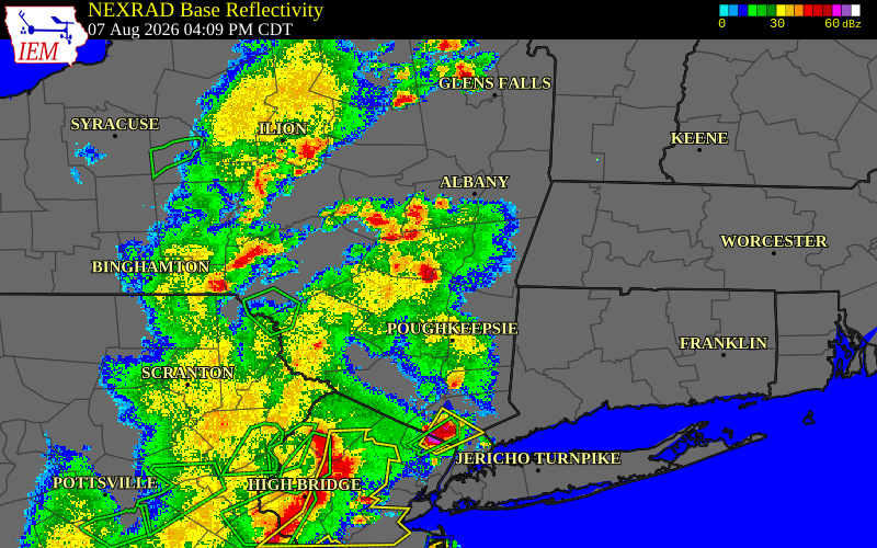 Radar snapshot during the Aug 7, 2026 wind event near Columbia County, Columbia County, New York, with NWS warning polygons