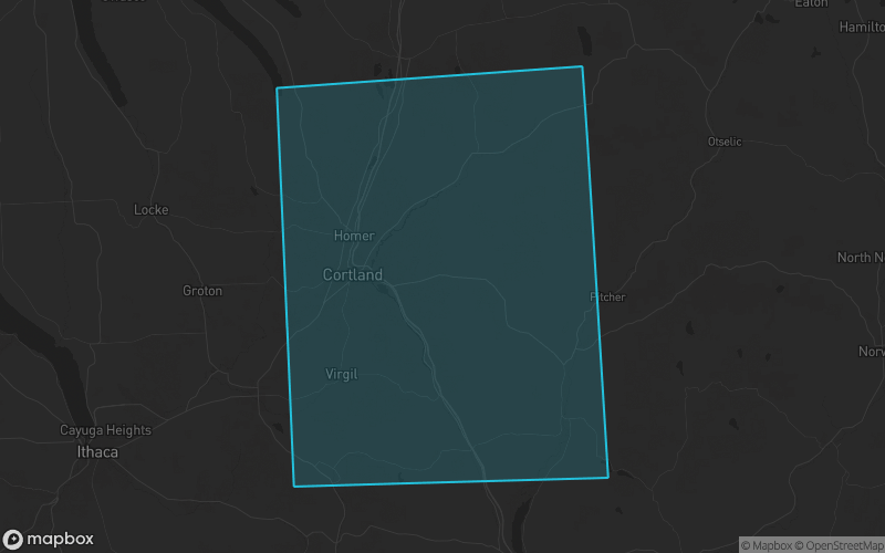 Map of Cortland County, New York showing the county boundary and surrounding cities