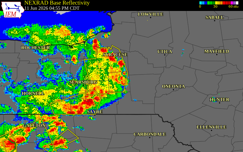 NEXRAD radar during the Thursday, June 11, 2026 storm activity in Cortland County, New York