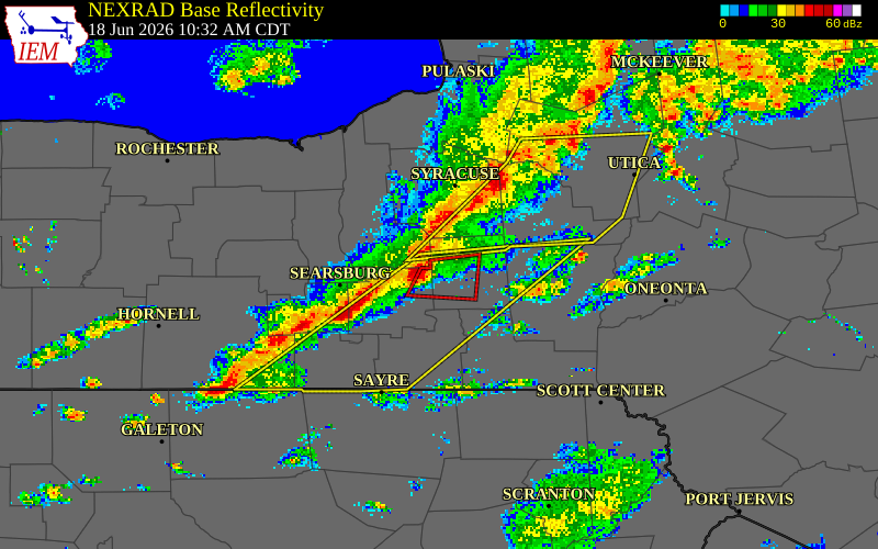 NEXRAD radar during the Thursday, June 18, 2026 storm activity in Cortland County, New York