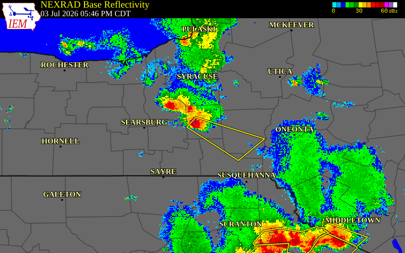 NEXRAD radar during the Friday, July 3, 2026 storm activity in Cortland County, New York
