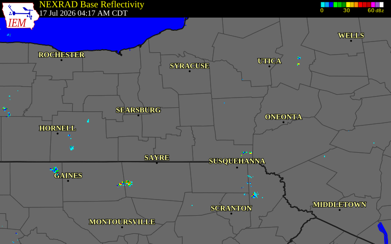 NEXRAD radar during the Friday, July 17, 2026 storm activity in Cortland County, New York