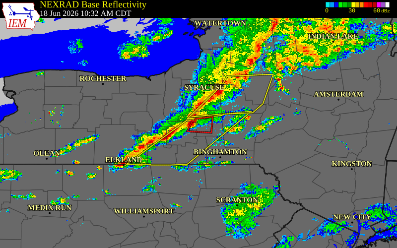 Radar snapshot during the Jun 18, 2026 tornado event near 3 WSW Cortland, Cortland County, New York, with NWS warning polygons