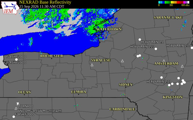 Current NEXRAD radar over Cortland County, New York with recent storm report locations