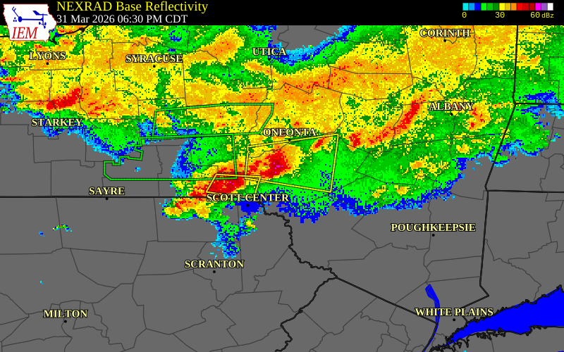 NEXRAD radar during the Tuesday, March 31, 2026 storm activity in Delaware County, New York