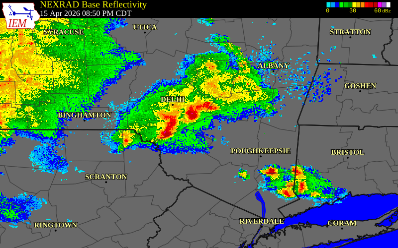 NEXRAD radar during the Wednesday, April 15, 2026 storm activity in Delaware County, New York