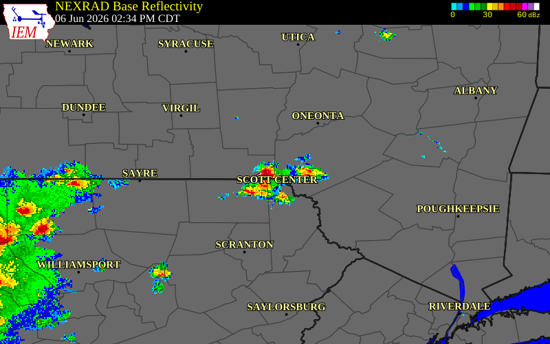 NEXRAD radar during the Saturday, June 6, 2026 storm activity in Delaware County, New York