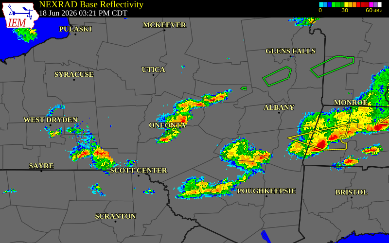 NEXRAD radar during the Thursday, June 18, 2026 storm activity in Delaware County, New York