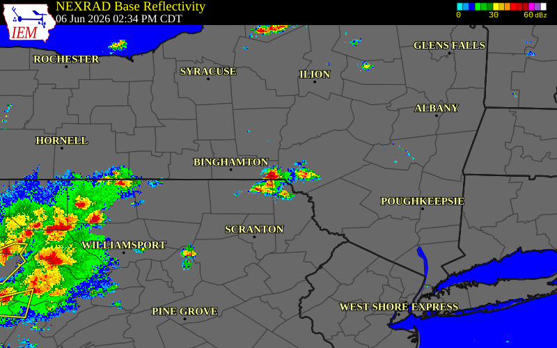 Radar snapshot during the Jun 6, 2026 hail event near Deposit, Delaware County, New York, with NWS warning polygons
