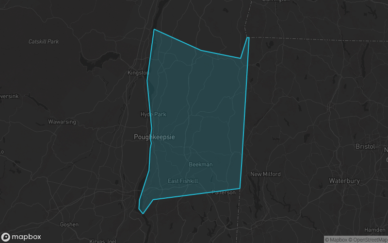 Map of Dutchess County, New York showing the county boundary and surrounding cities