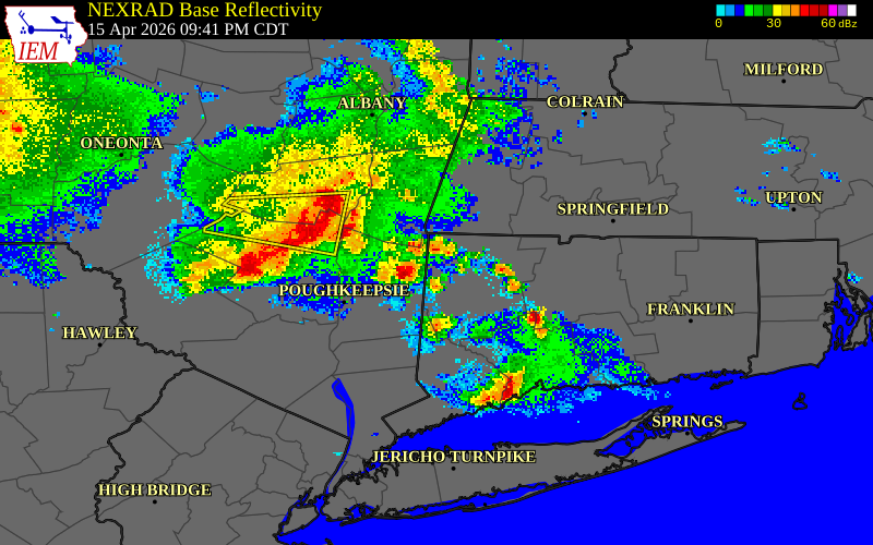 NEXRAD radar during the Wednesday, April 15, 2026 storm activity in Dutchess County, New York