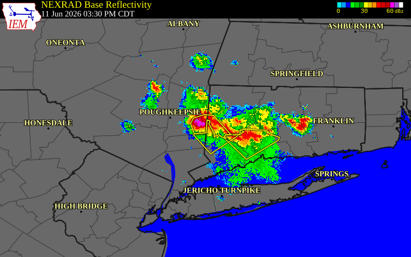 NEXRAD radar during the Thursday, June 11, 2026 storm activity in Dutchess County, New York