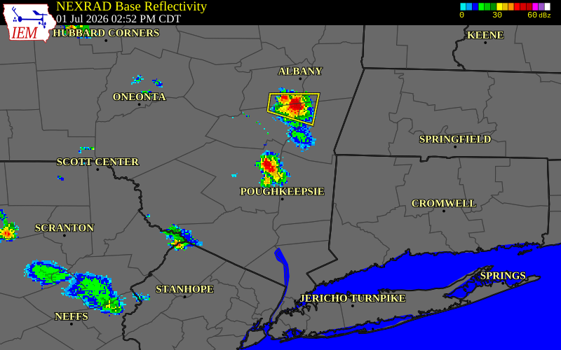NEXRAD radar during the Wednesday, July 1, 2026 storm activity in Dutchess County, New York