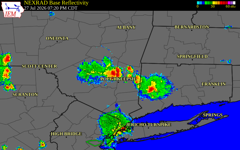 NEXRAD radar during the Monday, July 27, 2026 storm activity in Dutchess County, New York