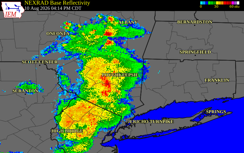 NEXRAD radar during the Monday, August 10, 2026 storm activity in Dutchess County, New York