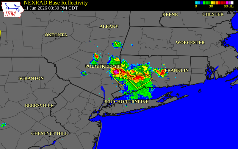 Radar snapshot during the Jun 11, 2026 hail event near 3 ENE Pawling, Dutchess County, New York, with NWS warning polygons