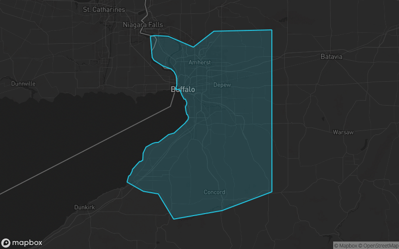 Map of Erie County, New York showing the county boundary and surrounding cities